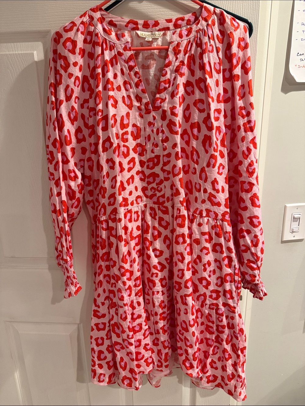 MAHI GOLD Pink Dress with Red Leopard Print Long Sleeve Tiered